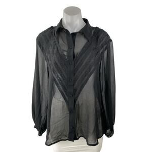 Topshop Black Sheer V-shaped Lace Panel Mesh Long Sleeve Button Up Shirt Top 6